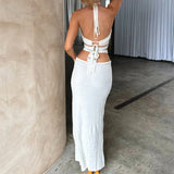 YESMYTOOL  -  Sexy Backless Tie Up Wrap Bodycon White Dress Women Hollow Out Cross Halter Dress Beach Vacation Crochet Knit Maxi Long Dress