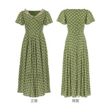 YESMYTOOL  -  Summer Party Dress Women Vintage Elegant Slim Lace V-Neck Green Plaid Long Dress High Waist Birthday Evening Party Midi Dress