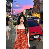 YESMYTOOL  -  Dress Holiday Summer Women's 2024 Elegant Vintage Phuket Girl Red Floral Sling Vacation Hot Girl Style Short Female Y2k Dresses.