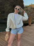 YESMYTOOL  -  Shinny Sequins Loose Short Jacket Women Elegant O Neck Long Sleeve Zipper Cropped Coat Autumn Chic Lady Commuting Street Outwear