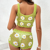 YESMYTOOL  - 2024 New bikini set Woven Daisy swimsuit halter top Shorts set hand-crocheted knitwear