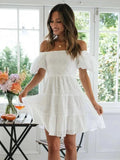 YESMYTOOL  -  Puff Sleeve Cotton White Lace Dress Women Summer 2024 Square Collar Vintage Beach Short Dress Petite Flower Embriodery  Dress