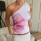 YESMYTOOL  -  Floral Print Fitted Tops Women Resort Wear Graphic Tees Summer 2024 Casual One Shoulder Backless Tank Top Y2K Clothing