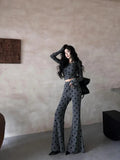 YESMYTOOL  -  Spring Summer Vintage Gray Polka Dot Casual Slim Long Pant Women 2024 Black High Waist Drawstring Lace-up Trousers Fashion Trend