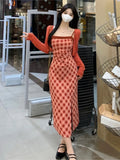 YESMYTOOL  -  Women Red Knitted Cardigan+Plaid Chic Sling Long Dress Two Piece Sets 2024 Spring Summer Korean Elegant Casual Two Piece Suits