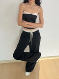 YESMYTOOL  -  Women Trimmed Twill  Contrast  Spongy Faux-Layered Wide-Leg Trousers Pants