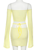 YESMYTOOL  -  Y2K Aesthetics Sexy Co-ord Sets Yellow 2000s Clubwear Off Shoulder Flare Sleeve Crop Tops and Micro Skirt 2 Piece Suits