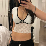 YESMYTOOL  -  Y2K V Neck White Sexy Lace T-shirts Female Stripe Spliced Slim Summer Cropped Tops Bow Transparent Sweet Tee Cutecore