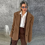 YESMYTOOL  -  Vintage Woolen Lapel Blazer Coats Women Loose Single Breasted Fake Pockets Jacket 2024 Autumn New Female Commute Tops Streetwear