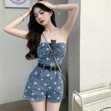 YESMYTOOL  -   Spicy Girl Fried Street 2024 Summer New Bra Top Denim Jumpsuit Shorts Women's Casual Fashion Jumpsuit Female Clothing