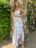 YESMYTOOL  -  Blue Floral Print Strapless Summer Dresses for Women Sleeveless High Waist Backless Ruffles Irregular Split Evening Party Dress