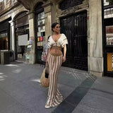 YESMYTOOL  -  Striped Knitted Beach Two Piece Sets Women Summer Sexy Hollow Out V-neck Crop Tops Slim Long Skirts Bohemian Holiday Outfits