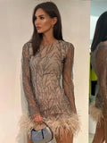 YESMYTOOL  -  Women Fashion Sequins Feather Hem Mini Dress Elegant O-neck Long Sleeve Perspective Dresses 2024 New Sexy Party Club Robes