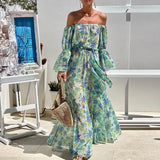 YESMYTOOL  -  Bohemian Vacation Chiffon Long Dress Ladies Slash Neck High Waist Party Dress Fashion Floral Print Flare Sleeves Beach Dresses