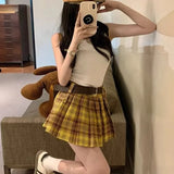 YESMYTOOL  -  Vintage Y2k Plaid Pleated Skirt Women Spring 2024 Harajuku Sexy Belt High Waist A-line Slim Mini Skirt Preppy Style