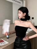 YESMYTOOL  -  Sexy Sweet Black Vest Off Shoulder Women 2024 Summer Design Halter Solid Elegant Fashion Casual All-match Waistcoat Trend