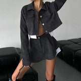 YESMYTOOL  - Summer New Vintage Two Piece Sets Casual Long SleeveTurn Down Collar Blazers Blouse High Waisted Short Skirt High Street