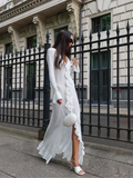 YESMYTOOL -  Fall Outfits 2024 White V-neck flare sleeve Women Long Dress Female Flared Sleeve Layered Ruffles Edge maxi Robes 2024 autumn gown Street Vestidos