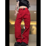 YESMYTOOL  - American Vintage Red Cargo Pants Fashion Many Pocket Straight Mopping Pants High Street Y2K Baggy Wide Leg Trouser Ladies Spring