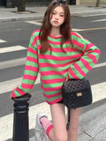 YESMYTOOL  -  Casual Striped Sweater Women Sweet Preppy Style Long Sleeve Pullover Knitted Oversize Korean Fashion Tops Autumn Winter