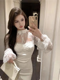 YESMYTOOL  -  Korean White Lace Slim Sexy Mini Dress Black Elegant Long Sleeve A-line Women French Fashion Fairy Holiday Wrap Hip Short Dress