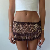 YESMYTOOL  -  Vintage 90s Aesthetic Mini Skirt Coquette Women Fairy Lace Trim Low Rise Short Skirt Y2k Leopard Print Tiered Miro Pencil Skirt