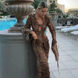 YESMYTOOL  -  Autumn Long Sleeve Leopard Chiffon Dress Sexy Lace Up Maxi Dress for Beach See Through Long Dresses Women