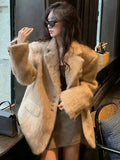 YESMYTOOL  -  Loose Lapel Plush Jacket Female 2024 Autumn Winter New Warm Solid Button Long Sleeve Coat Office Lady Outwear Elegant