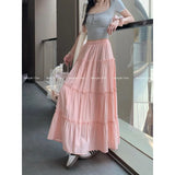 YESMYTOOL  - Summer Solid White Long Skirt Women Pleated Black Mid-length Skirts High-waisted Fairy A-line Long Tulle Cake Skirts Y2k Clothes