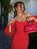 YESMYTOOL  -  Red Polka Puff Sleeve Wrap Chest Dresses Women Off Shoulder Backless High Waist Dress Fashion Summer Leisure Vacation Party Robe