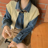 YESMYTOOL  -  High Street Vintage Denim Shirts With Knitted Cardigans Vest Spring 2024 Loose Chic New Slim Casual Daily Office Lady