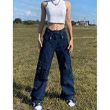 YESMYTOOL  -   American Vintage Blue Cargo Jeans Fashion High Waist Pocket Straight Pants High Street Y2K Baggy Wide Leg Denim Trouser Autumn