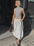 YESMYTOOL  -   White Pleated Long Skirt Women's Casual Loose Pleated Fashion Solid Color Elegant Patchwork Summer Streetwear Long Skirt