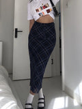 YESMYTOOL  -   Vintage Y2k Long Skirt Women Plaid Low Waist Slim Mesh Patchwork Straight Midi Skirt Casual Preppy Style Streetwear