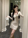 YESMYTOOL  -  Retro Beige Square Neck Lace Mini Dress Flare Long Sleeve Birthday Party Dress Women Elegant Autumn Winter A-line Short Dresses