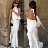 YESMYTOOL  -  Elegant Halter Lace Up Vest Skirt Sets Women White Backless Sleeveless Tank Top Hip Package Skirts 2024 Summer Lady Sexy Outfits