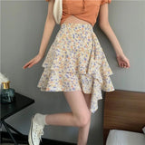 YESMYTOOL  -    Ruffle Flower Print Mini Skirt Elegant Sexy Short Skirt Layered Coquette Irregular Vintage Women Casual A-line Skirt