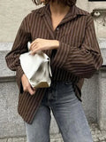 YESMYTOOL  -  Vintage Solid Striped Pocket Blouse Women Single Breasted Long Sleeve Loose Tops Shirt 2025 Spring New Streetwear Casual Blouses