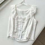 YESMYTOOL  -  Lace Ruffle Trim White Cropped Tank Top squre neck sleevless chiffon summer women tops new Y2k top party