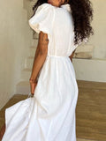 YESMYTOOL  -  Summer White Elegant Holiday Long Dresses Women 2024 New V Neck Lace-up Puff Sleeve Maxi Dress Casual Fashion A-line Vestidos