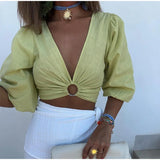 YESMYTOOL  -  Sexy Solid Puff Sleeve Crop Top Women Green Hollow Out V-neck Zipped Female Bodycon Top 2024 Summer Fashion Lady Streetwear