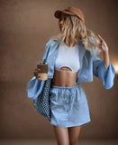 YESMYTOOL  -  Fashion Casual Skirt Suit 2024 Summer New Blue Bell Sleeve Shirt Tops with Lace-up Mini Skirt Sexy Two Piece Set Women