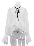 YESMYTOOL  -  Sexy See-Through White Shirt Female Lace Up Ruffled Collar Long Sleeve Blouse 2024 Autumn Fashion Elegant Women's Shirt