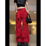 YESMYTOOL  - American Vintage Red Cargo Pants Fashion Many Pocket Straight Mopping Pants High Street Y2K Baggy Wide Leg Trouser Ladies Spring