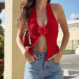 YESMYTOOL  -   Summer New European and American Style Spicy Girl Sexy Tank Slim Fit 3D Flower Hanging Neck Knitted Tank Top