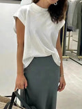 YESMYTOOL  - Metal Decor White T-shirt Women Summer Stand Collar Casual Simple Sleeveless Tee Shirts 2024 New Elegant Fashion Lady Tops Tees