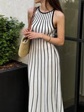 YESMYTOOL  -  2024 New Black White Stripe Print Knit Dress Fashion Round Neck Sleeveless Slim Long Dresses Female High Street Casual Robes