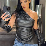 YESMYTOOL -  Fall Outfits 2024 Slim One Shoulder Leather Waistcoat With Gloves Women Sexy Sleeveless Irregular Vest 2024 Autumn New Lady Chic High Street Tops