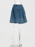 YESMYTOOL  - Blue Pleated Denim Skirt Women 2024 New Spring Summer Casual Fashion Mid Waist A-line Midi Skirts Retro Simple Long Faldas Lady