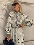 YESMYTOOL  -  Women Elegant Printed Midi Dress Casual O-neck Lantern Long Sleeve A-line Dresses Spring Female Chic High Street Robes 2024